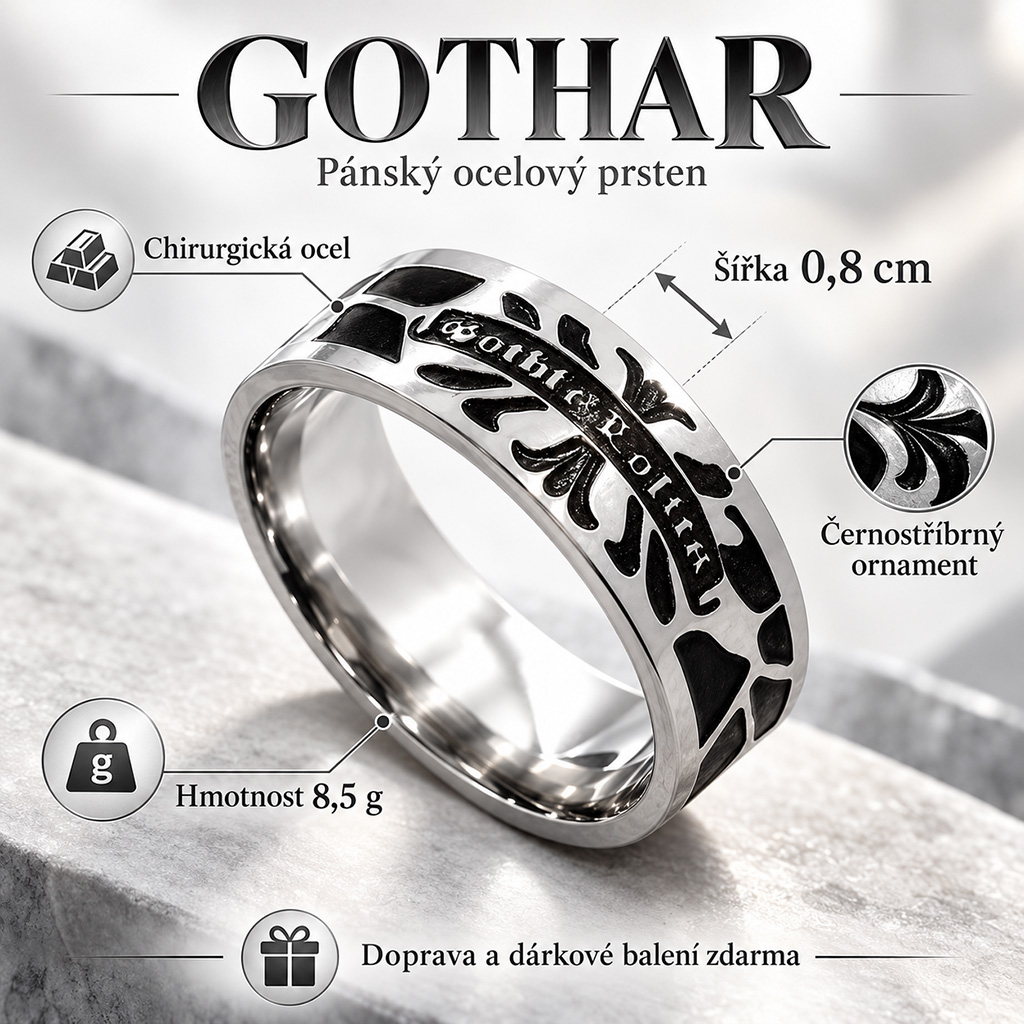 Gothar – pánský černostříbrný prsten z chirurgické oceli (4)